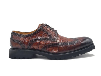 Cognac Carrucci Men's Wingtip Lace-Up Oxford Alligator Embossed Style No: KS482-11E