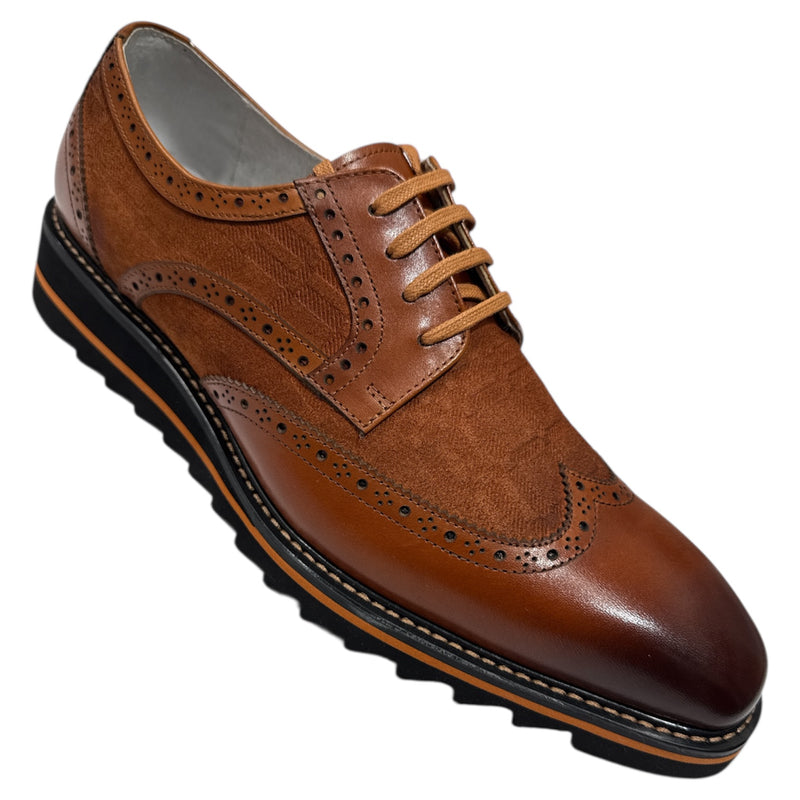 Cognac Giovanni Wingtip Lace-Up Mens Leather Casual Shoes Style-RAVEN