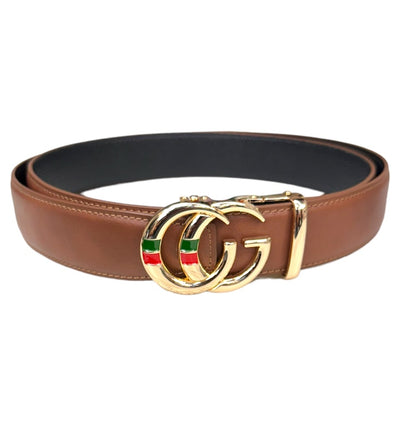Cognac Men's Leather Belt Gold Buckle Ventage Style Red and Green Strip - DESIGN MENSWEAR