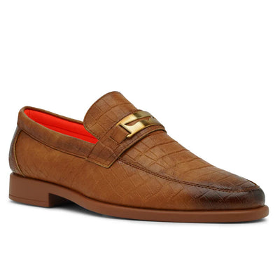 Cognac Men's TAYNO Slip-on Shoes Croco Print Gold Bit Loafer - The Caprio C