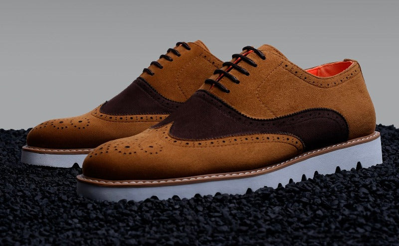 Cognac and brown lace-up wingtip suede men&