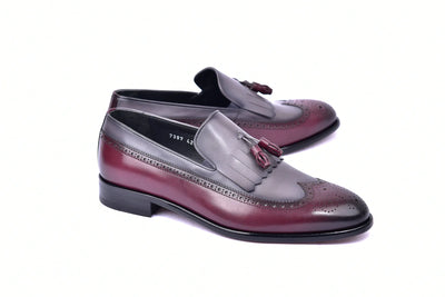 Corrente Men's Wing tip Kiltie Tassel Loafer Burgundy/Grey Style No-C00018-7397