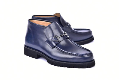 Corrente Navy Blue Men's Silver Horsebit Buckle Ankle boot Calf Skin Leather