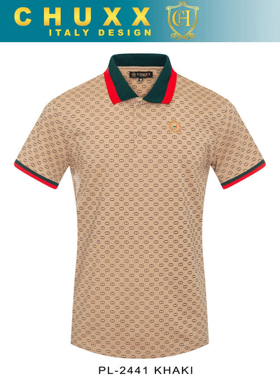 Khaki Men's Luxury Polo Shirt Red and Green Strip T-Shirt Regular-Fit Style PL-2441 KHAKI