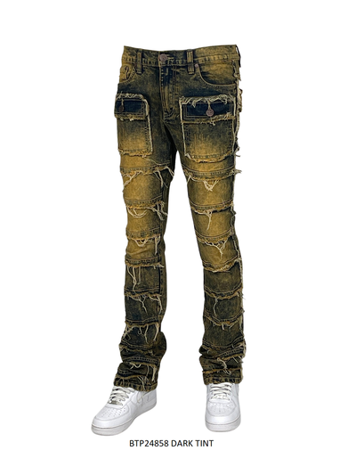 Dark Tint Stacked Jeans Men's Denim Pants Frayed Stack Fit with Pockets