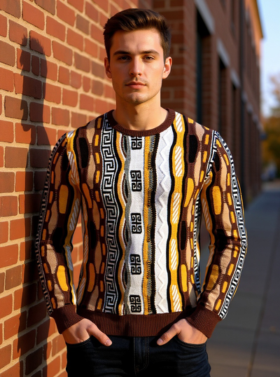 Prestige Brown Men's Polo Sweater with White Leather Fashion Style