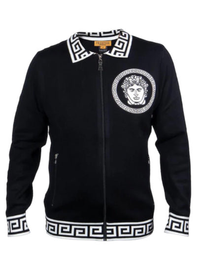 Prestige Black Men's Polo Sweater with White Leather Medusa Zip Up Jacket