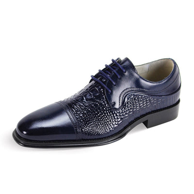 Navy Blue Lace-Up Men's Leather Dress Shoe - Alligator Accent Panel