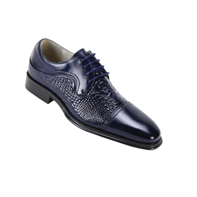 Navy Blue Lace-Up Men's Leather Dress Shoe - Alligator Accent Panel