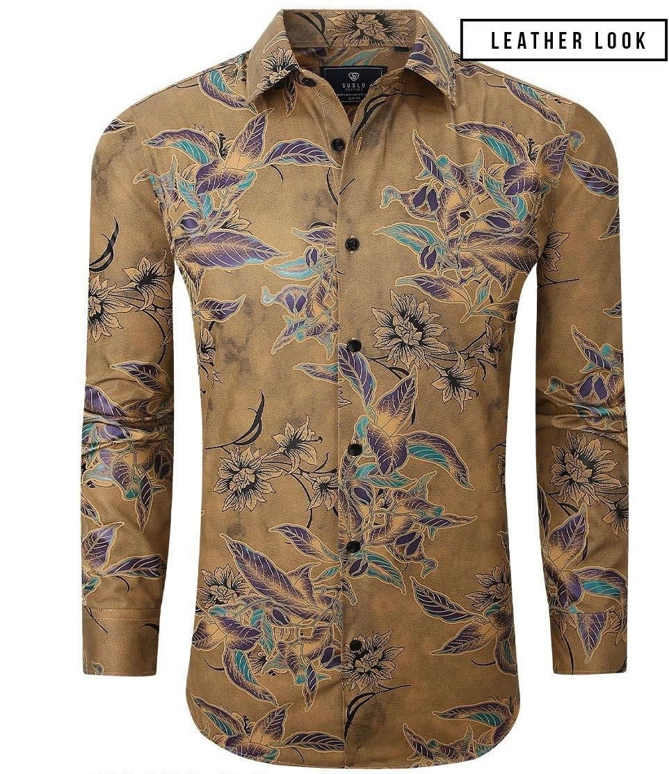 mens floral dress shirts long sleeve GOLD Men's Shirt Printed Button-Down Casual Regular-Fit Style No: SC460-9 L / GOLD 33