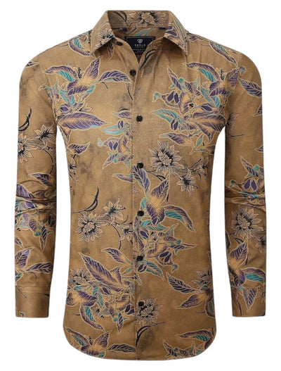 Gold Men's Shirt Floral Printed Button-Down Casual Long Sleeve Regular-Fit Style No: SC460-9