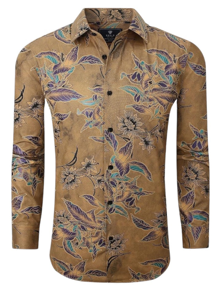 GOLD Men's Shirt Floral Printed Button-Down Casual Long Sleeve Regular-Fit Style No: SC460-9 L / GOLD