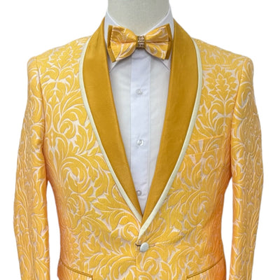 Gold Paisley Men's Blazer Luxury Design Shall Lapel Slim-Fit with Bowtie