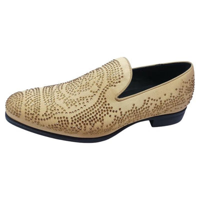 Gold Satin Material Men's Shoes Glitter Stone Tuxedo Pron Slip-On Loafer Style-S61