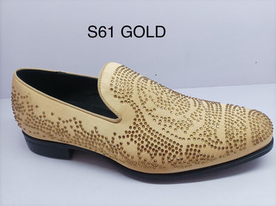 Gold Satin Material Men's Shoes Glitter Stone Tuxedo Pron Slip-On Loafer Style-S61