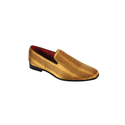 Gold Satin Material Men's Slip-On Loafer Shoes Greek Key Stones Print