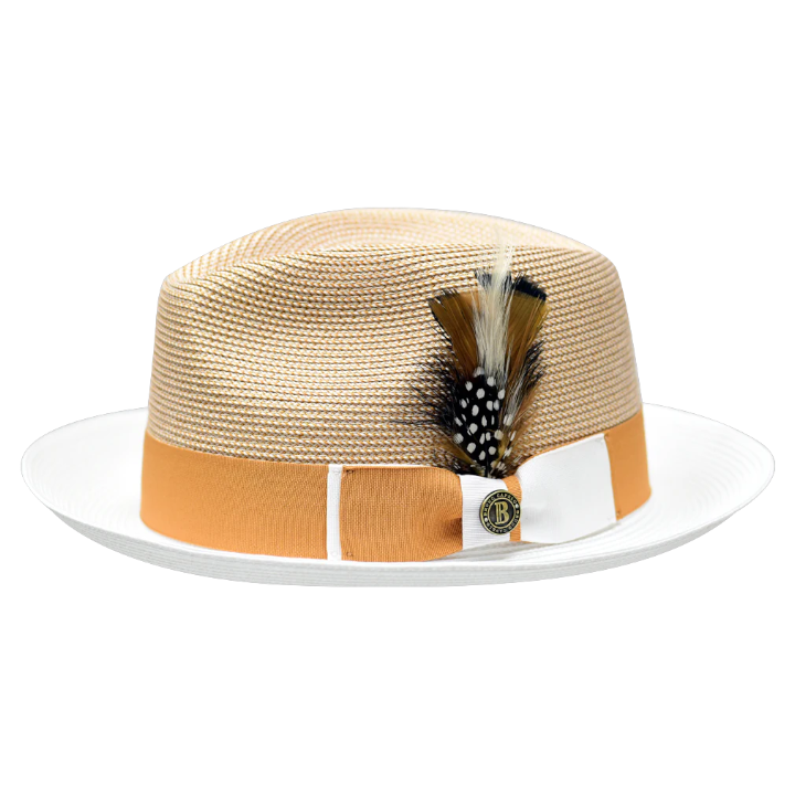 Gold and White Georgio Collection 2-Tone Straw Fedora Hat by Bruno Capelo