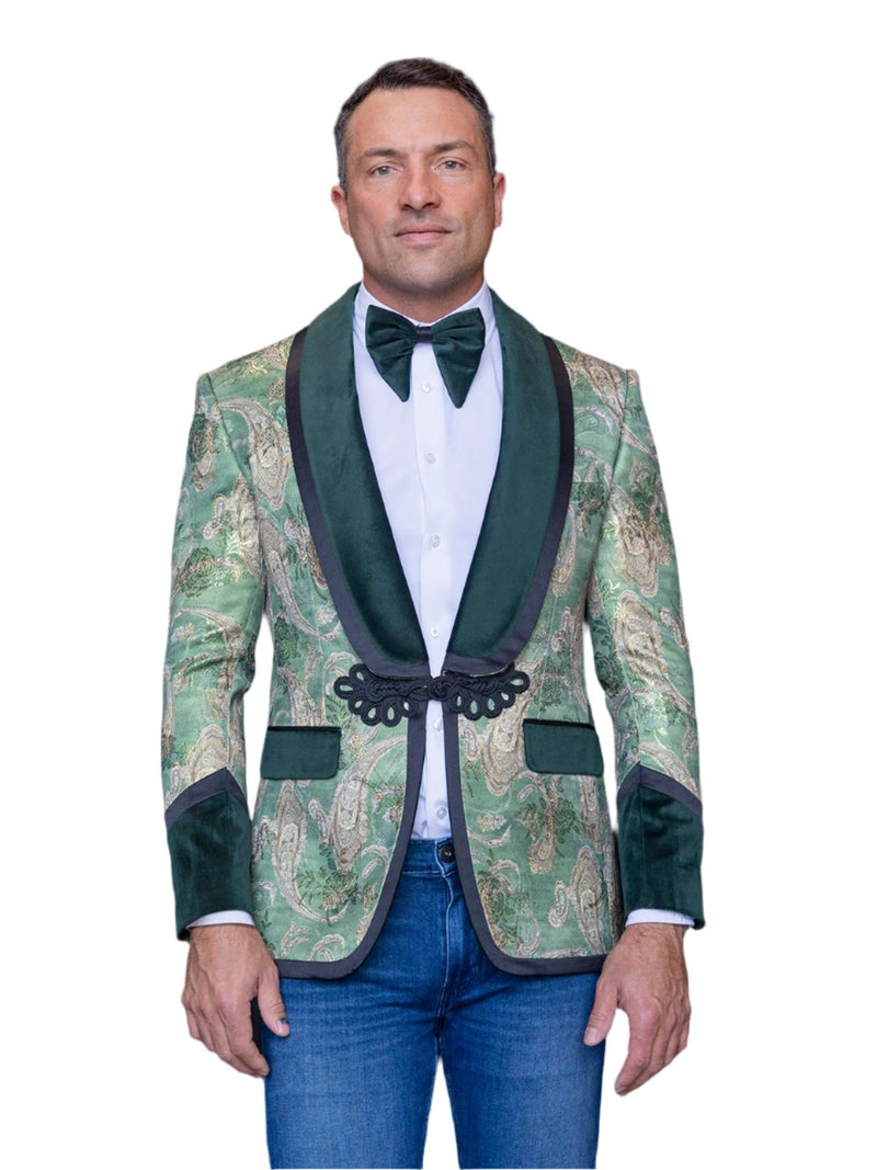 Green Paisley Velvet Tuxedo Jacket Single Breast Shawl Lapel with Bowtie