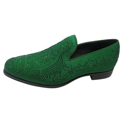 Green Satin Material Men's Shoes Glitter Stone Tuxedo Pron Slip-On Loafer Style-S61