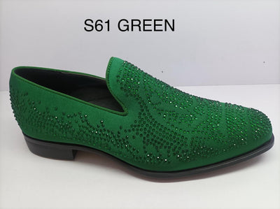 Green Satin Material Men's Shoes Glitter Stone Tuxedo Pron Slip-On Loafer Style-S61