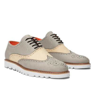Grey-Beige Men's Casual Shoes Tayno Suede Lace Up Wingtip Oxford Sneaker Style No-The Paragon - DESIGN MENSWEAR