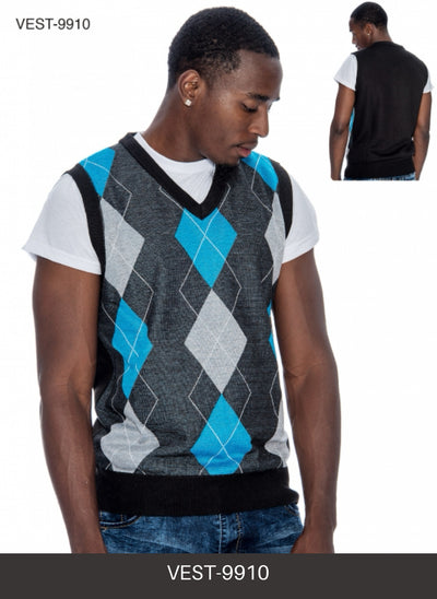 Grey-Teal Men's V-Neck Argyle Sweater Vest Knitwear Sleeveless Pullover STYLE-9910