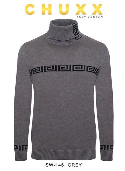 Grey Greek Key Italian Designer Men's Turtleneck Sweater Regular-Fit SW-146