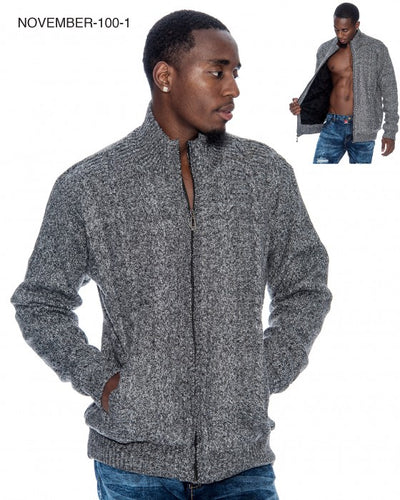 Grey Men's Cardigan Sweaters Full Zip Knitted Jacket Fur Lined Style No: 100-1