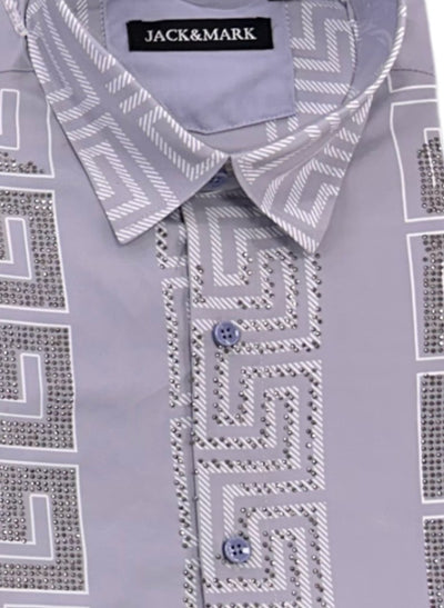 Grey Men's Long Sleeve Shirt Stretch Material Greek Key Print with Dimond Stone - DESIGN MENSWEAR