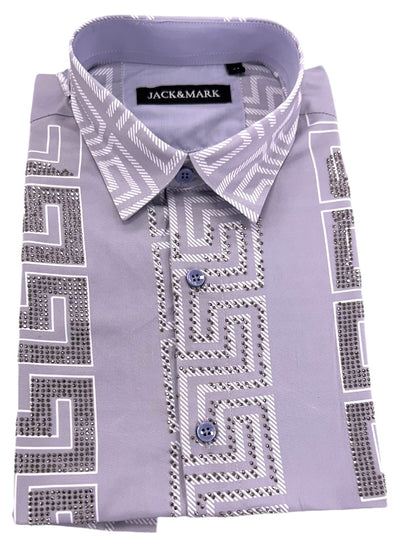 Grey Men's Long Sleeve Shirt Stretch Material Greek Key Print with Dimond Stone - DESIGN MENSWEAR