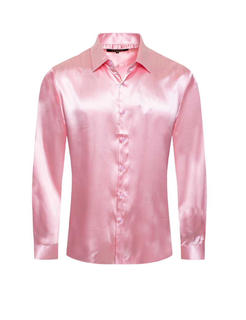 Pink Solid Satin Men's Long Sleeve Dress Shirt, 2XL Pink Solid Satin Men's Long Sleeve Dress Shirt, 2XL