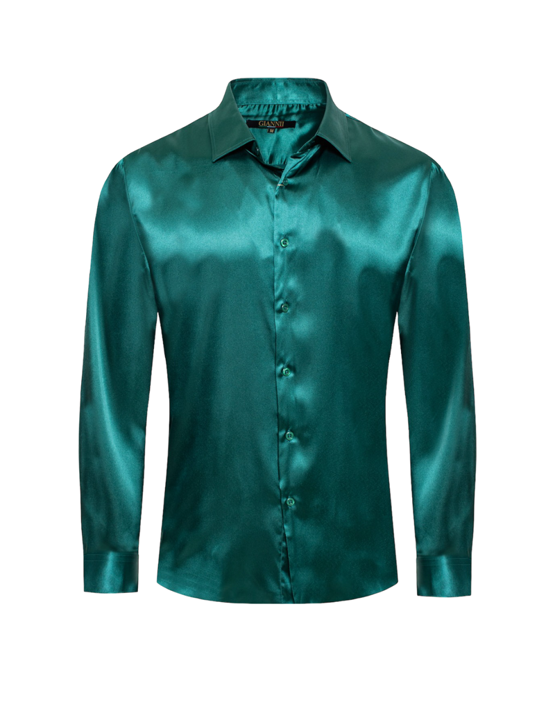 Men's Green Shiny Satin Silk Dress Shirt Long Sleeve Casual Slim Fit L Men's Green Shiny Satin Silk Dress Shirt Long Sleeve Casual Slim Fit L