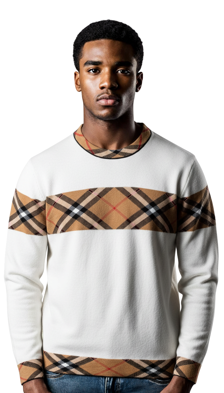 White Crewneck Sweater Plaid Design Men&