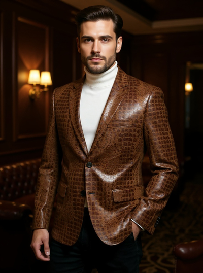 Bassiri Single Breasted Cognac Men's Blazer - Crocodile Pattern Regular-Fit