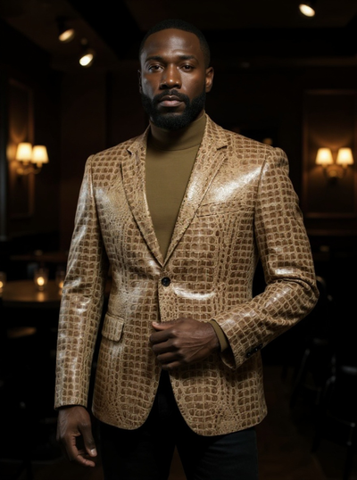 Tan Single Breasted velvet Men's Blazer - Crocodile Pattern Tan #J 1041
