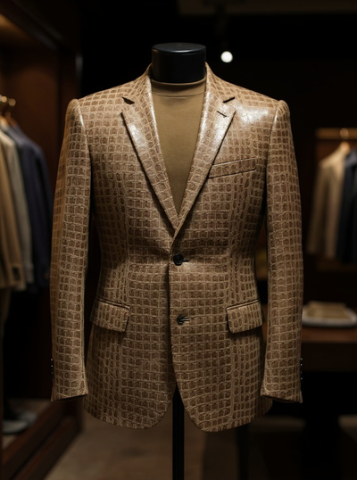 Tan Single Breasted velvet Men's Blazer - Crocodile Pattern Tan #J 1041