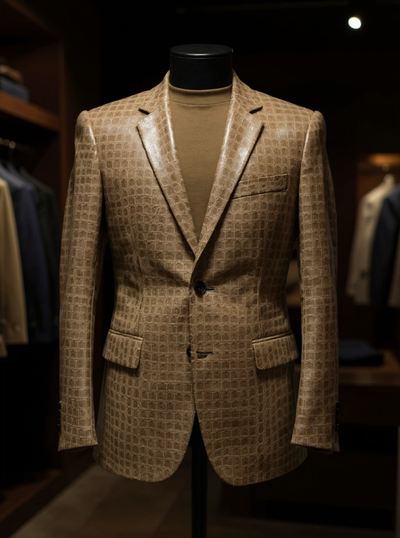 Tan Single Breasted velvet Men's Blazer - Crocodile Pattern Tan #J 1041