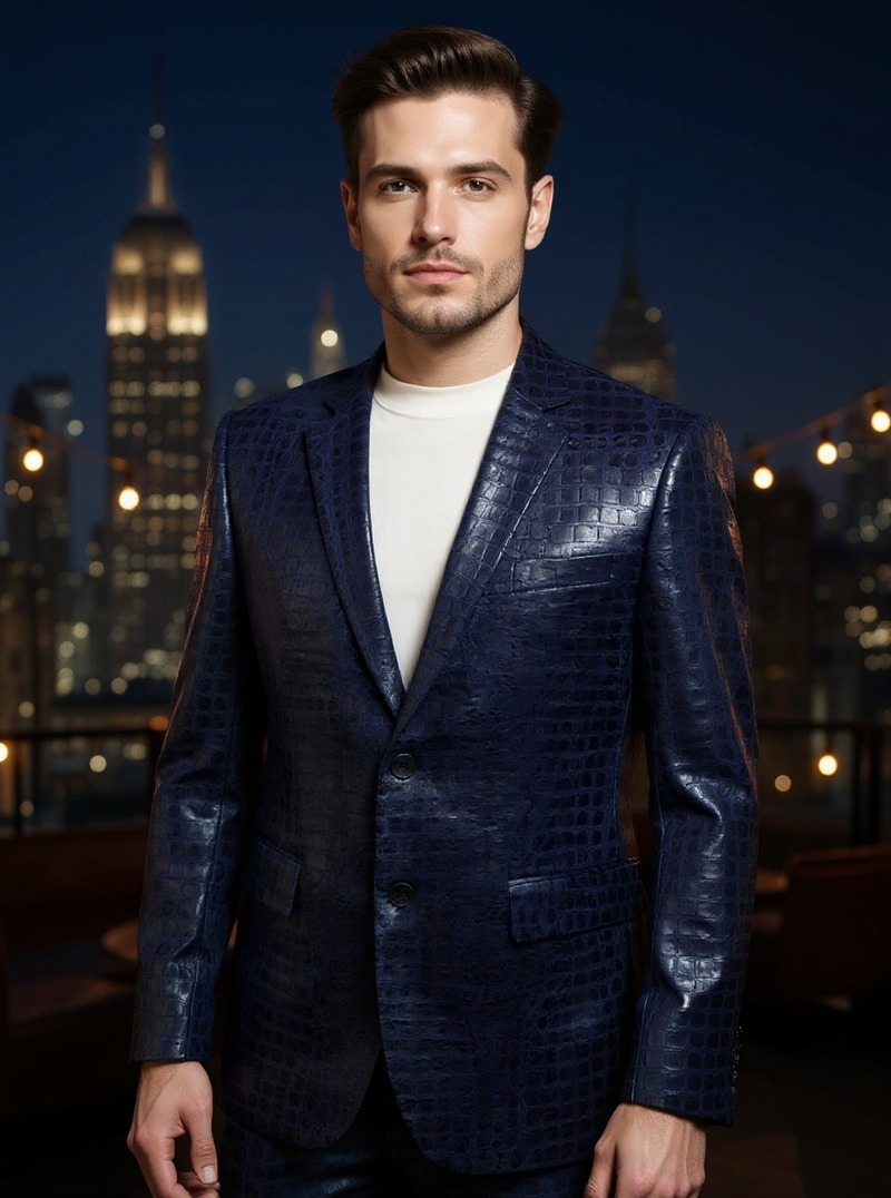 Bassiri Navy Blue Faux Alligator Embossed Leather Classic-Fit  Men&