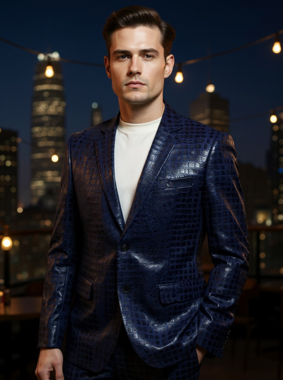 Bassiri Navy Blue Faux Alligator Embossed Leather Classic-Fit  Men's Blazer