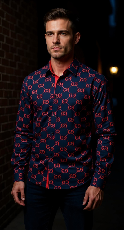 Navy Blue and Red GG Men's Fashion Design Long Sleeve Shirt