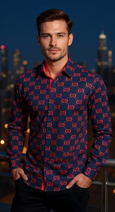 Navy Blue and Red GG Men's Fashion Design Long Sleeve Shirt