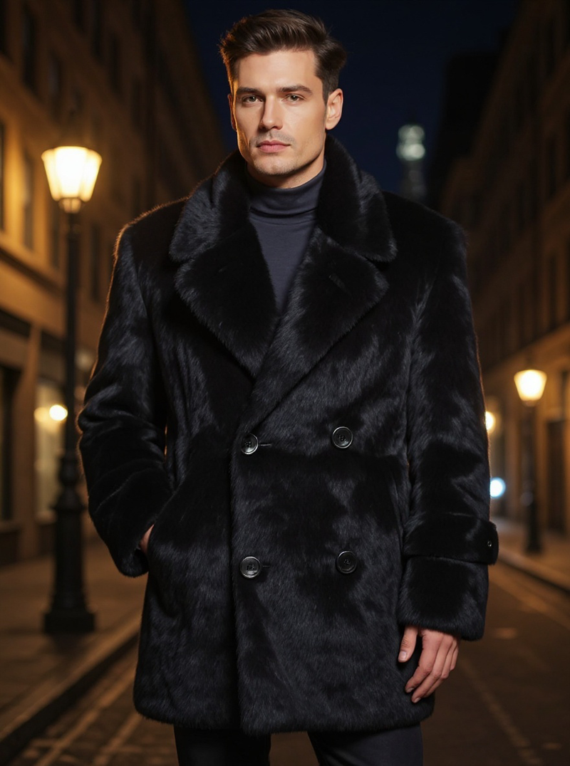 Black Rabbit Fur PEA Coat For Men Made By Winter