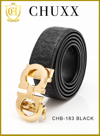 Men's Black Luxury Printed Belt Genuine Leather Gold Buckle CHB-183