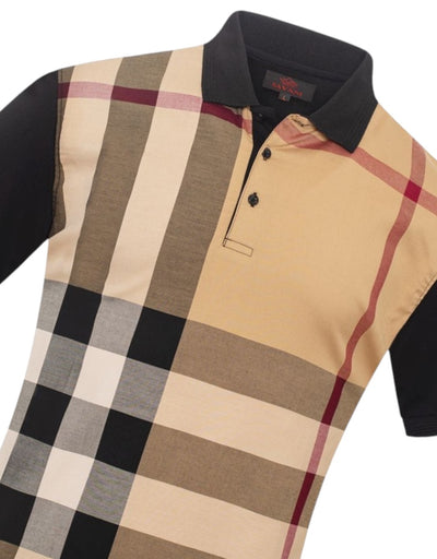 Men's Khaki and Black Plaid Polo Shirt Italy Design Style -P01