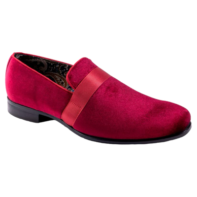 Burgundy Velvet Men's Shoe Slip-on with a satin ribbon Loafer, 10.5