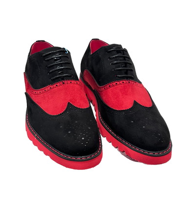 Men's red and black suede tow-tone wingtip casual shoes