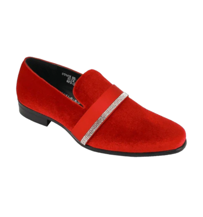 Red velvet slip on men's shoes luxury loafer with diamonds stone