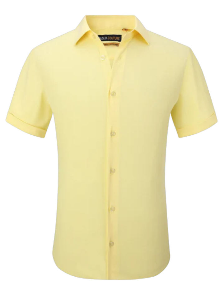 Mens Yellow Short Sleeve Shirt Stretch Material By Suslo Couture 