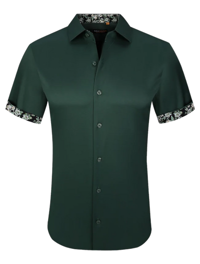 Hunter green men's short sleeve shirts stretch material paisley cuff design on the sleeves