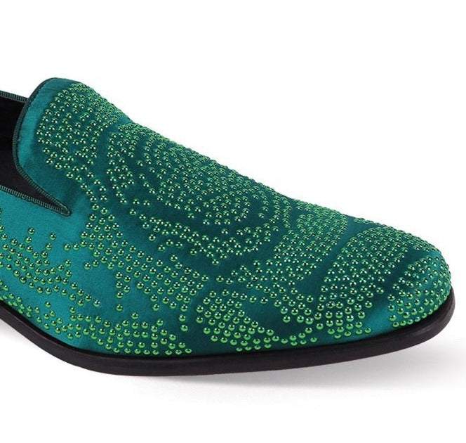 Green Sequin Stone Men's Loafers Luxury Design Slip-on Dress Shoes 9 / Green